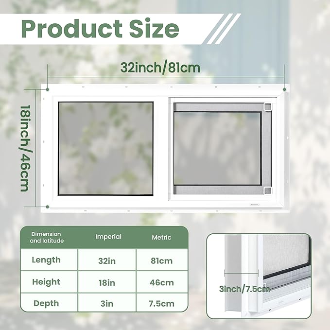 Vinyl Basement Window, 32" x 18" Bathroom Sliding Window with Double Pane Insulated Tempered Glass and Fiberglass Screen for Basement, Bathroom, Shed (White)