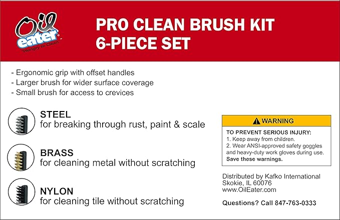 Oil Eater Wire Brush Premium 6-Piece Kit, Steel, Brass & Nylon for Cleaning Grills, Parts Washing, Rust, Paint, Scale, Metal and Tile, Black, Extra Large (AOPBR006)