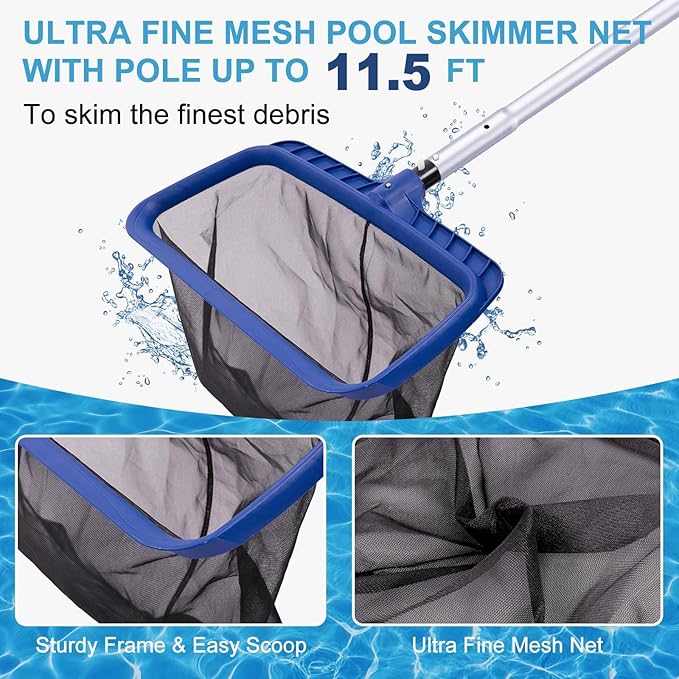 POOLAZA Pool Cleaning Kit, Including Pool Brush & Ultra Fine Mesh Pool Skimmer Net with Pole, Pool Net Skimmer & 17.5'' Pool Brush Head with 10.5ft Aluminum Pool Pole, Pool Net and Brush with Pole