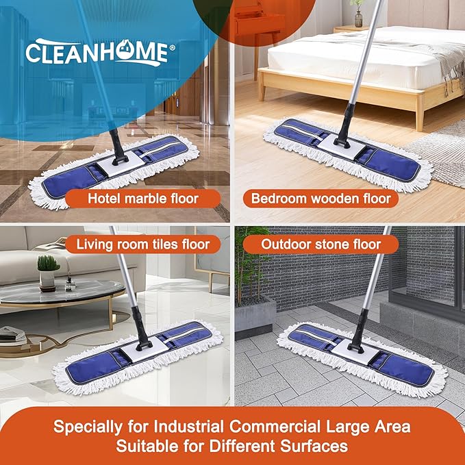 24" Commercial Dust Mop for Floor Cleaning, Heavy Duty Duster Floor Mop with 59” Extendable Long Handle,Hotel Gym Garage Hospital Household Cleaning Supplies for Hardwood,Marble Floors,Blue