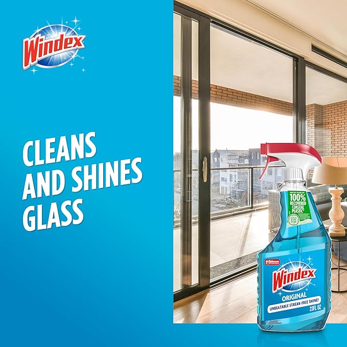 Windex Glass and Window Cleaner Spray Bottle, Bottle Made from 100% Recycled Plastic, Surface Cleaning Spray, Original Blue Scent, 23 Fl Oz,6 Count (Pack of 2)