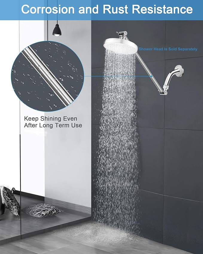 11 Inch Adjustable Shower Head Extension Arm With Locking Set Screw, Singing Rain 304 Stainless Steel Chrome Angle Height Adjustable, Easy Install, G1/2 Universal Connector Compatible (Chrome Finish)