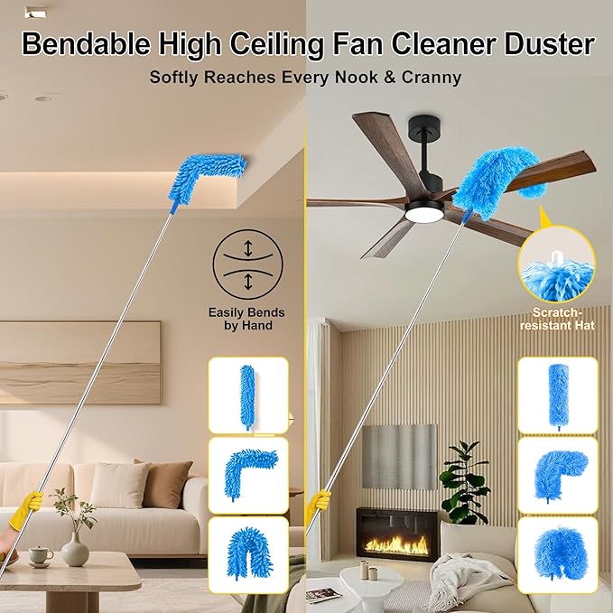 Tiumso 5-in-1 Microfiber Duster Kit with 100” Extension Pole – Reinforced Stainless Steel Telescopic Handle for High Ceiling Fans, Cobwebs & Vents – Multi-Head Dusters for Cleaning with Anti-Spin Pole