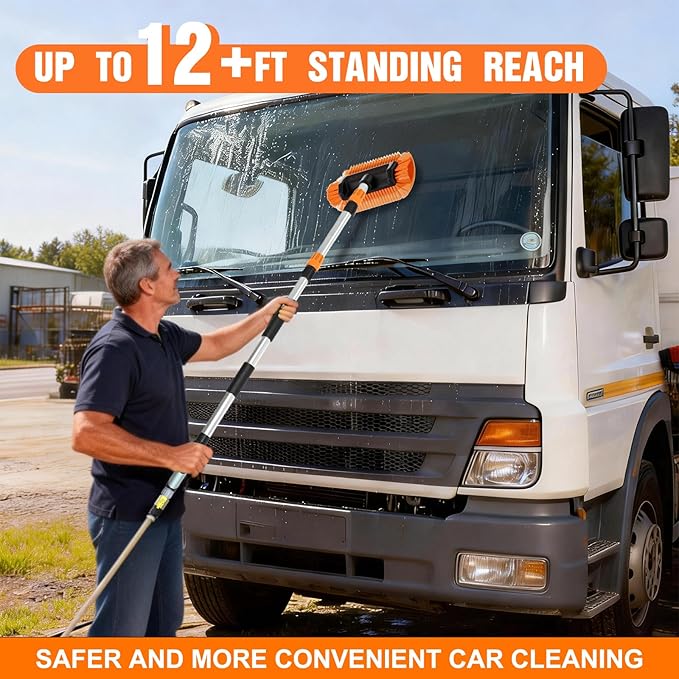 12FT Car Wash Brush with Long Handle, Car Cleaning Brush with 12 Inch Soft Bristle and Soap Dispenser, Solar Panels Cleaner with Telescoping Pole for RV, Truck, Boat, House Siding, Orange