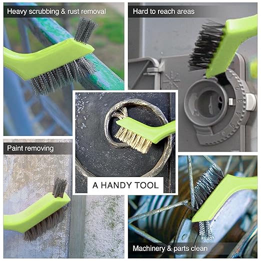 Wire Brush Set 3Pcs - Nylon/Brass/Stainless Steel Bristles with Curved Handle Grip for Rust, Dirt & Paint Scrubbing with Deep Cleaning – 7 Inches (Green)
