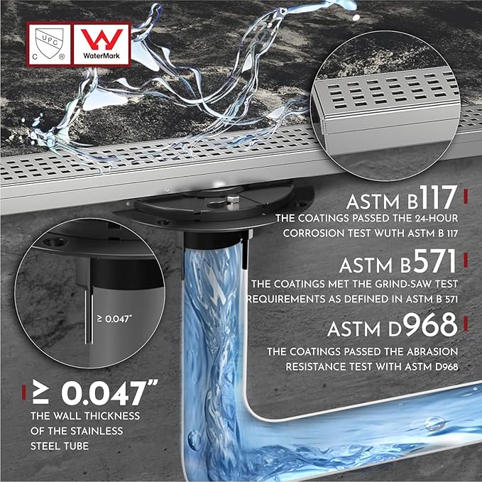 WEBANG 28 Inch Linear Shower Drain Rectangular Floor Drain with Accessories Square Hole Pattern Cover Grate Removable SUS304 Stainless Steel CUPC Certified Brushed