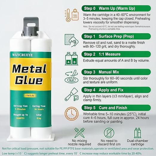 Metal Glue Heavy Duty Waterproof, Metal to Metals Adhesive, Liquid Weld, Welding Glue, Cold Weld, Exhaust Repair kit, Weld Stainless Steel, Iron, Aluminum, Fiberglass, Plastic, 1.76 oz