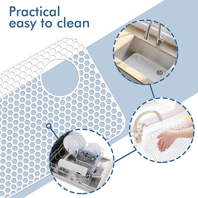 Silicone Sink Protectors for Kitchen Sink - 28.4"x 14.3" Kitchen Protector Accessory, Non-Slip Heat Resistant Mat for Bottom of Farmhouse Porcelain Stainless Steel(Top Right Drain Hole,White)