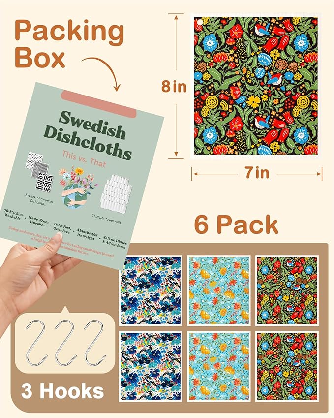 Miss Adola Kitchen Swedish Dishcloths with Hooks - 6 Pack Reusable Dish Cloths for Washing Dishes Fast Drying Cute Fun Swedish Dish Towels Washable Cleaning Sponge, Full Blown Flowers