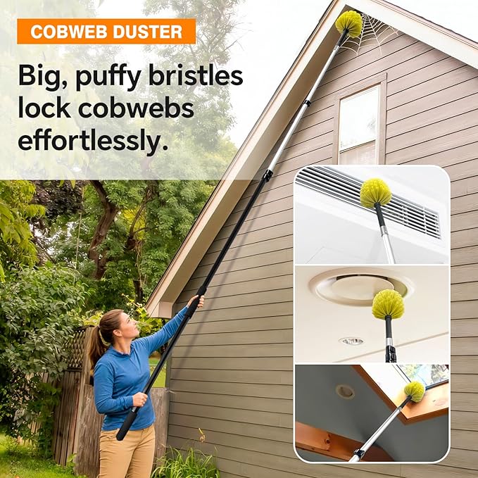 4-12Ft Telescoping Extension Pole Kit, 5-in-1 High Reach Duster with Chenille Window Squeegee Microfiber Feather Cobweb Duster for Ceiling Wall Hard-to-Reach Indoor & Outdoor Cleaning Yellow