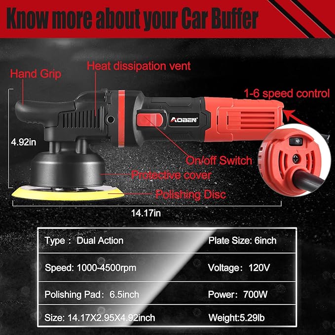 AOBEN Car Buffer Polisher,6 inch Dual Action Polisher,Random Buffer Polisher kit with 6 Variable Speed 1000-4500rpm,Detachable Handle,4 Buffing Pads for Car detailing Polishing and Waxing (Pack of 2)