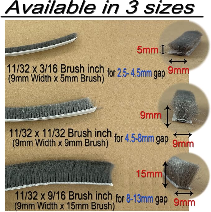 Door Sealers for Door Frame Felt Pile Weatherstripping for Sliding Window, Self Adhesive Weatherstrip Seal Strip Sealer Sound Proofing (65ft x11/32 Backing x 3/16 Brush inch, Grey)