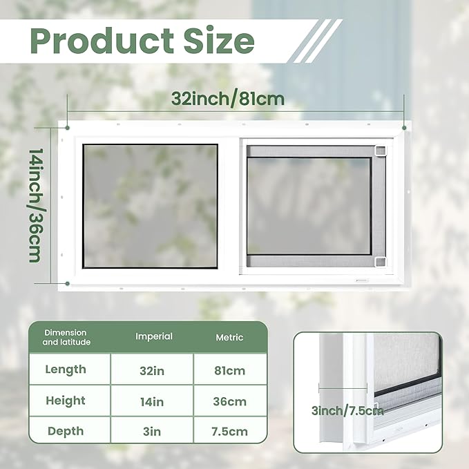 Vinyl Basement Window, 32" x 14" Bathroom Sliding Window with Double Pane Insulated Tempered Glass and Fiberglass Screen for Basement, Bathroom, Shed (White)