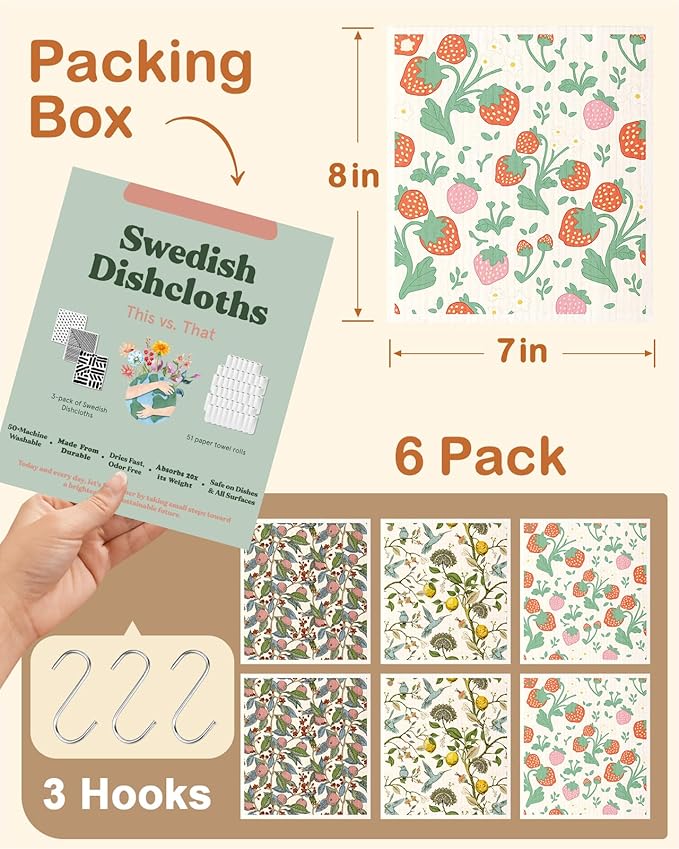 Miss Adola Kitchen Swedish Dishcloths with Hooks - 6 Pack Reusable Dish Cloths for Washing Dishes Fast Drying Cute Fun Swedish Dish Towels Washable Cleaning Sponge, Trees Fruits