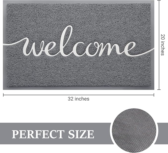 Door Mat, Welcome Mat Low Profile Floor Mat Front Doormat Indoor and Outdoor Doormat Non Slip Rugs for Entryway, Patio, High Traffic Areas (32"x20", Grey-Welcome)