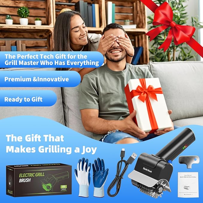 Electric Grill Brush with Dual Safety Lock - Ideal Gift for Men Dad Husband, Professional BBQ Cleaner with Submersible 304 SS Head, Splash-Proof Scrubber for Outdoor Grill (Blue Button)