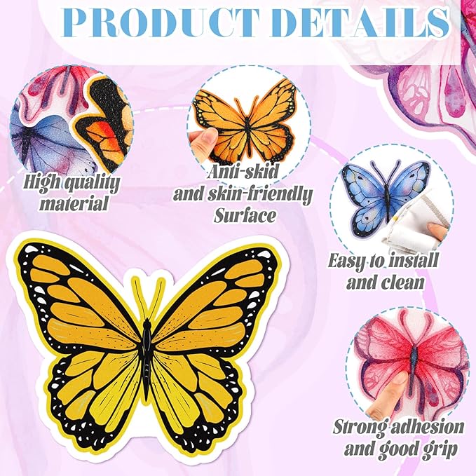 Yaomiao 24 Pcs Butterfly Non Slip Bathtub Stickers Shower Stickers Anti Slip Decal Threads Adhesive Appliques with Scraper Adhesive Decals for Safety Bathroom Tubs, Shower Floor, Stairs