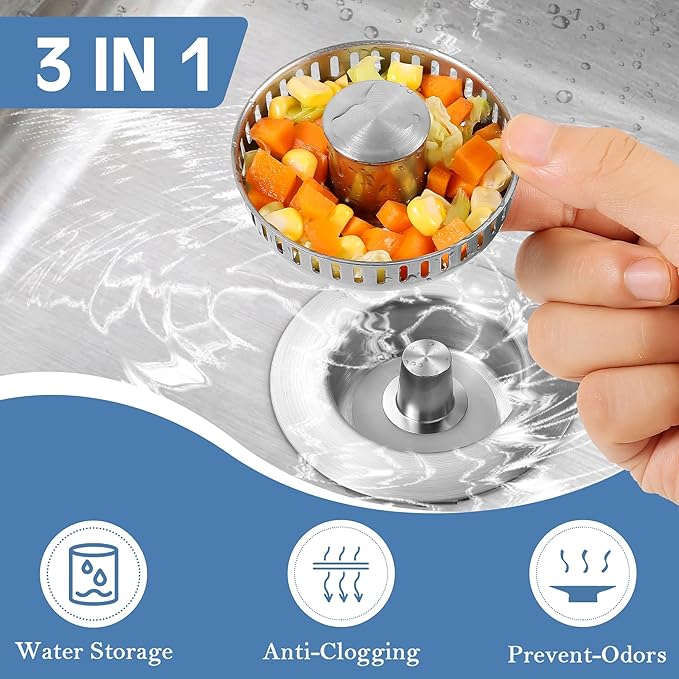 Kitchen Sink Drain Strainer 3 Pack, 304 Stainless Steel Pop Up Sink Stopper, Anti-Clogging Sink Drain Strainer for US Standard Kitchen Drain