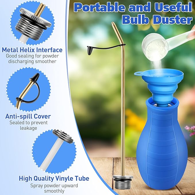 2 Pack Diatomaceous Earth Powder Duster, 8OZ Garden Powder Applicator Dispenser with Long Metal Tube, Bulb Duster Sprayer for Home Organic Gardening Agricultural Supply(Blue)