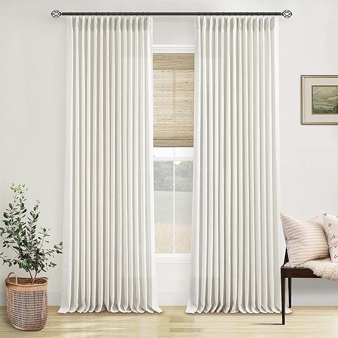 Pinch Pleated Linen Curtains 108 Inches Long for Living Room 2 Panels Set Cream Ivory Flax Double Pleated Drapes Back Tab Neutral Boho Ceiling Floor 108 Inch Window Curtains Bedroom Natural Birch