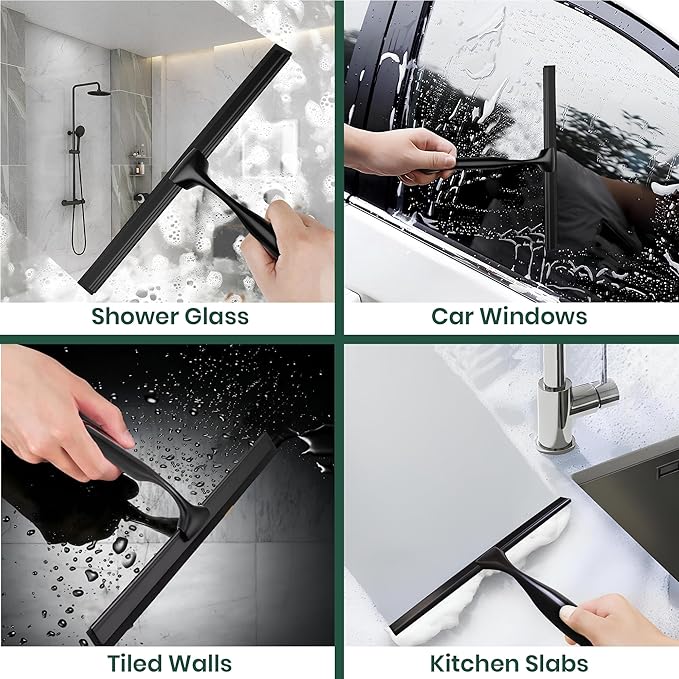 All-Purpose Shower Squeegee with Hook & Screwdriver, Non-Slip Handle, Premium Steel Core, Streak-Free Blade – 11-Inch Glass Cleaner for Shower Doors, Windows, Car Glass & Bathroom