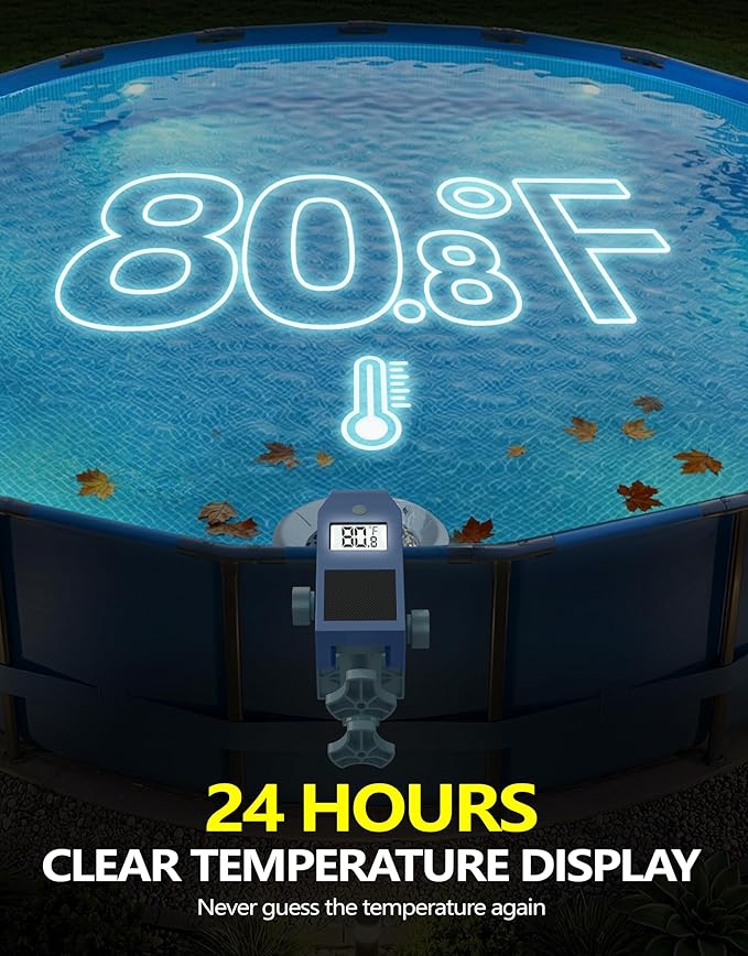 BluSwim Above Ground Pool Skimmer with Solar Digital Thermometer | Wall Mount Surface Skimmer - Auto Skimming Pool Floating Debris | 2 Upgraded Bracket - Stable & Height Adjustable - Purple