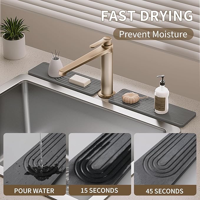 Faucet Mat for Kitchen Sink, Diatomite Stone Drying Sink Protectors, Bathroom Faucet Splash Guard, Quick Dry Water Absorbing, Non-Slip Tray for Kitchen Counter, Gray, 11.8" x 3.9" x 2pcs