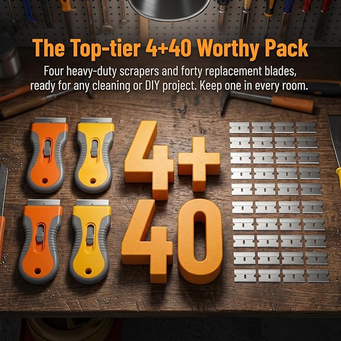 Razor Blade Scraper Tool 4 Pack with 40 Replacement Blades – Retractable Glass Scraper with Safety Lock & Non-Slip Grip for Windows, Cooktop, Stove Top, Sticker Label Paint Caulk Adhesive Remover