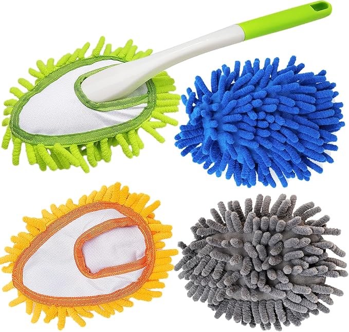 16 Inch Microfiber Duster Kit with 4 Pcs Duster Head, Feather Dsters, Washable and Reusable Duster, Wet and Dry Use, Cleaning Tools for Car,Office,Household