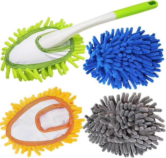 16 Inch Microfiber Duster Kit with 4 Pcs Duster Head, Feather Dsters, Washable and Reusable Duster, Wet and Dry Use, Cleaning Tools for Car,Office,Household