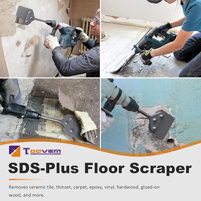 4 Inch SDS Plus Floor Scraper Kit, 4 x 10 Inch Tile Removal Chisel Tool with Spare Blades, Bolts, Nuts, Lock Washers, Removes Thinset Adhesives Wall Scraper, fits SDS-Plus Rotary Hammers