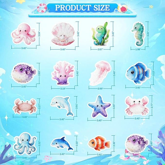 32 Pcs Cute Non Slip Bathtub Stickers for Shower Colorful Bathroom Anti Slip Shower Stickers Floor Applique Adhesive Decals with Scraper for Bathtub Bathroom Floor Pools(Sea)