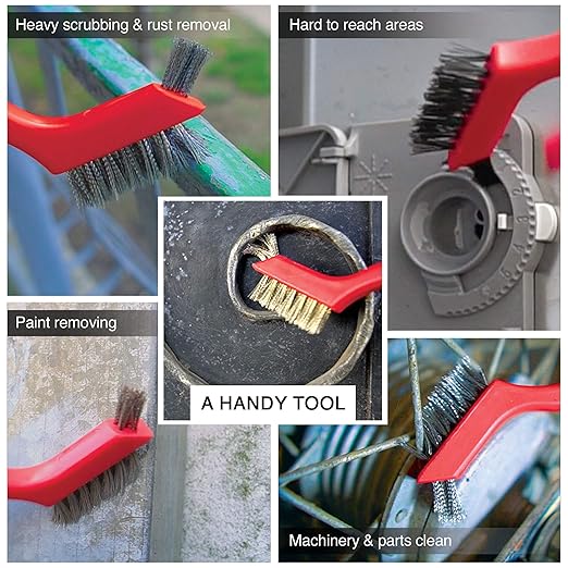 Wire Brush Set 3Pcs - Nylon/Brass/Stainless Steel Bristles with Curved Handle Grip for Rust, Dirt & Paint Scrubbing with Deep Cleaning – 7 Inches (Red)