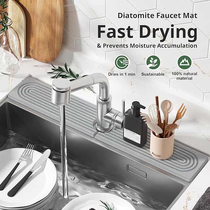 Quick Dry Sink Splash Guard - 23.6" Extended Diatomaceous Earth Faucet Mat - Instant Dry Stone Tray for Kitchen & Bathroom Countertops - Gray