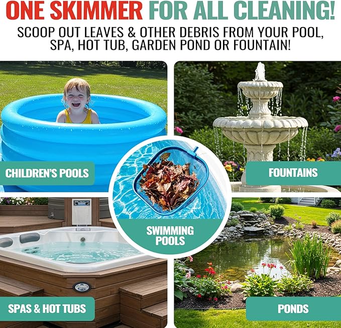 36" Hot Tub Pool Skimmer Net with Pole All-Metal Aluminum Frame & Handle for Small Above Ground Pools - Lightweight Pool Skimmer Net for Daily Leaves Bugs Removal Easy Cleaning, Metal Blue