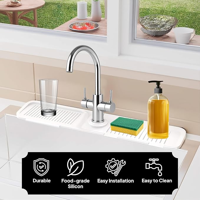 17 Inch Silicone Faucet Mat for Kitchen Sink Splash Guard & Draining Tray Sink Protector with Soap & Sponge Holder White (Purest Peak)