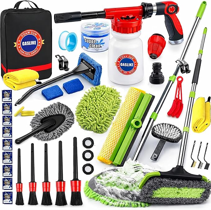 63PCS Car Wash Cleaning Kit,Car Wash Brush with Long Handle,Car Detailing Kit with Foam Gun,Car Cleaning Supplies,Handheld Vacuum, Car Detailing Kit (62PCS)