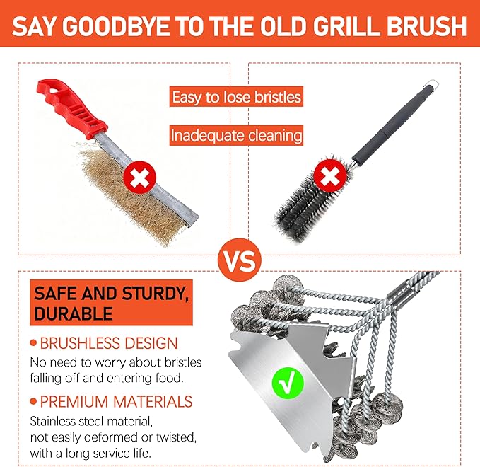 18" BBQ Grill Brush with Wide Scraper - Grill Cleaning Brush, Safe Long Handle BBQ Brush for Grill for Gas and Charcoal Grates