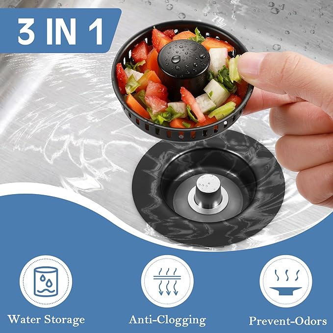 Kitchen Sink Drain Strainer 3 in 1, 304 Stainless Steel Pop Up Sink Stopper, Anti-Clogging Sink Drain Strainer for US Standard Kitchen Drain (Matte Black)