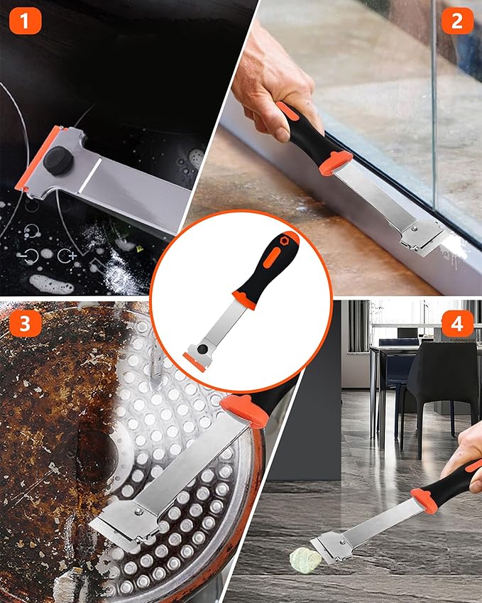 Razor Blade Scraper, Long Handle Scraper Tool with 10 Plastic and 10 Metal Blades - Ideal for Removing Labels, Stickers, Appliance Grease, and More from Windshields, Tint, and Glass (Orange)