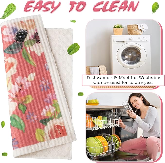 Chengu 6 Pcs Swedish Kitchen Dish Cloths, Absorbent Quick Drying Reusable Cleaning Cloths, Small Flower Pattern Dish Towels for Kitchen Counter, Sink, and Washing Dishes
