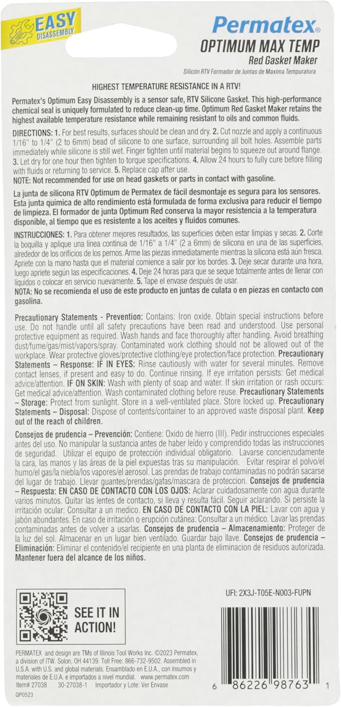 Permatex 27038 Optimum Red High Temperature Gasket Maker, 3 oz