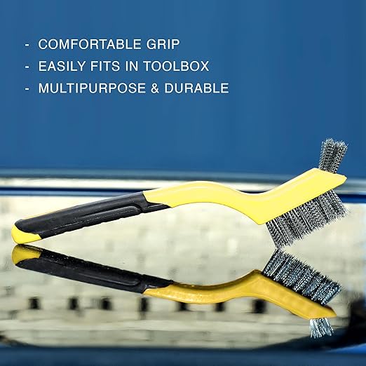 Wire Brush Set 3Pcs - Nylon/Brass/Stainless Steel Bristles with Curved Handle Grip for Rust, Dirt & Paint Scrubbing with Deep Cleaning – 7 Inches (Yellow)