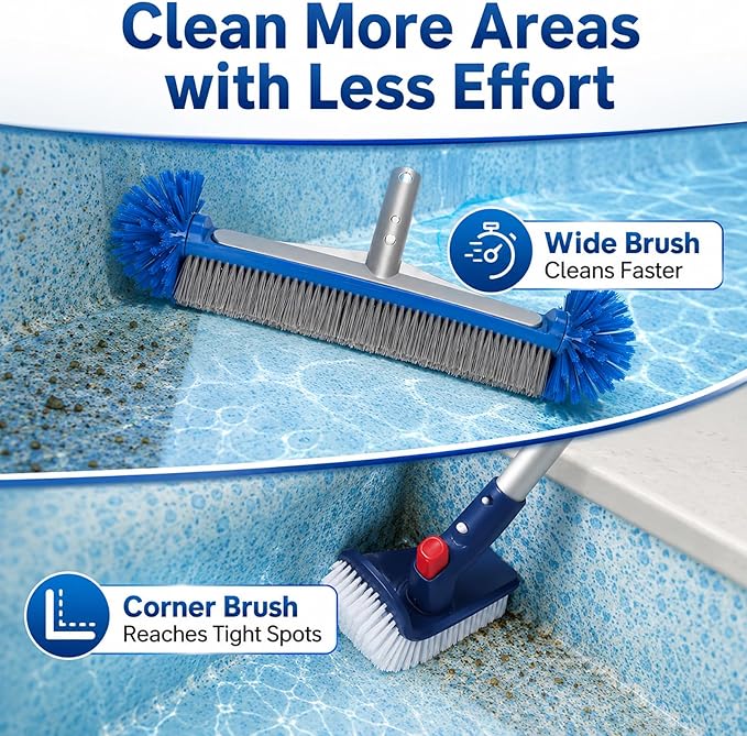 Pool Cleaning Kit Professional Heavy Duty Leaf Skimmer Net, Deep Bag Rake & Wall Scrubber Brush, 4-Piece Pool Cleaning Equipment Set for Above Ground & Inground Pools (Pole Not Included)