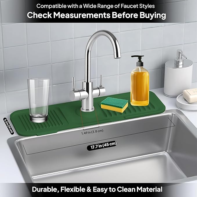 17 Inch Silicone Faucet Mat for Kitchen Sink Splash Guard & Draining Tray Sink Protector with Soap & Sponge Holder Green (Purest Peak)