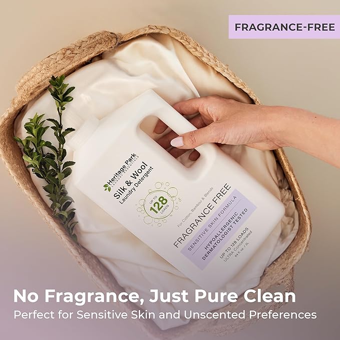 Heritage Park Silk & Wool Fragrance Free, Hypoallergenic, pH-Neutral Laundry Detergent - Dermatologist-tested, Sensitive Skin-Friendly, Enzyme-Free, Concentrated Up to 128 loads (64 fl oz)