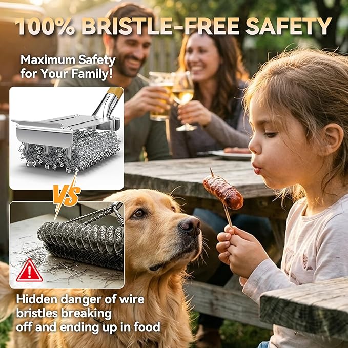 HOUSE AGAIN Grill Brush Bristle Free, Stainless Steel Food-Grade Brush Head with Scraper, Safe BBQ Outdoor Grill Cleaning Brush Barbecue Steam Grill Cleaner Non Wire for Grill Grate/Long Wood Handle