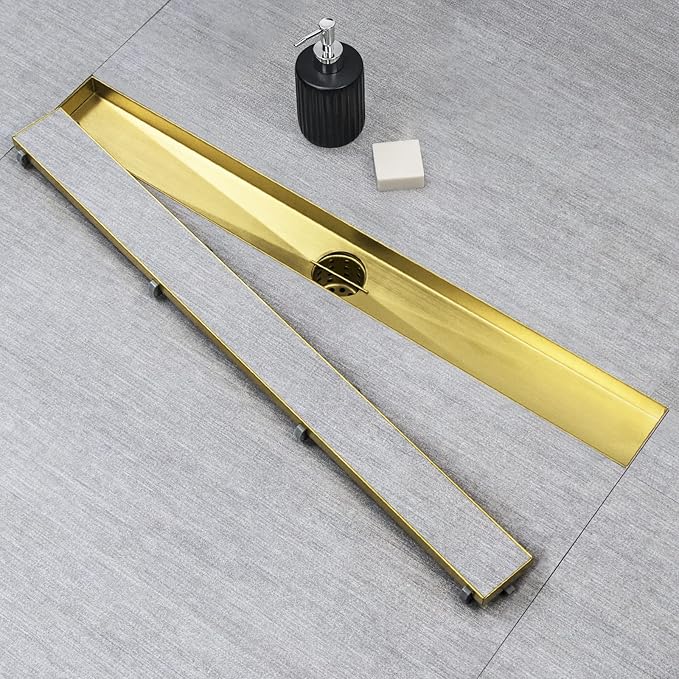 SaniteModar Linear Shower Drain, Gold Shower Drain 28 inch with 2 in 1 Tile Insert Panel, Hair Strainer and Leveling Feet