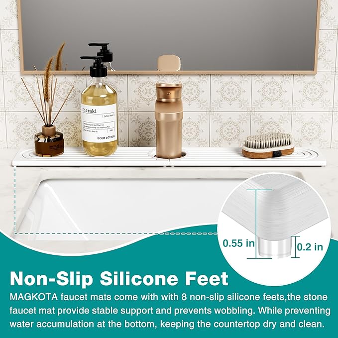 Stone Faucet Mat for Kitchen Sink - Quick Dry Diatomite Sink Splash Guard, Prevents Moisture Buildup & Water Stains, Water Absorbing Stone Tray for Bathroom Countertop (White, 30" x 4")