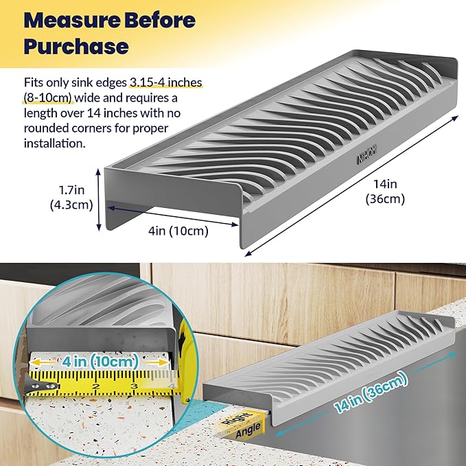 NiHome Multi-Use Silicone Kitchen Sink Edge Guard for Stone Countertop Edges 3.15"-4" Wide, Upgraded Slope Design with Raised Drainage Channels, Protector for Kitchen Sink, Bathtub, Wash Basin (Gray)